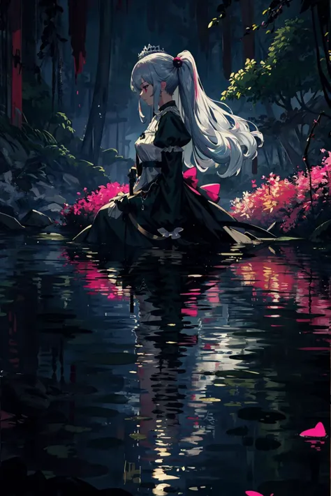 highest quality, 8k, UHD, extreme resolution, 1girl, hair bobbles, silver tiara, diamonds, long hair, floating hair, (masterpiece:1.1), (highest quality:1.1), (HDR:1.0), scenic, water, dark environments, magenta theme, water, reflection, prism