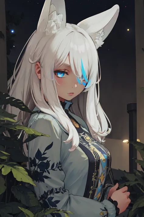 extreme quality, cg, detailed face+eyes, (bright colors:0.9), (light pastel colors:1.4), photo of a curious girl, (ancient), (tan skin), fashion, light dust, patio, (depth of field:0.76), (fog), medium hair, long hair, white hair, masterpiece, 8k, tone mapping, hyper focus, white, blue eyes, (upper body:0.8), natural body, limited palette, (detailed hair:1.13), dynamic angle, (pastel drawing:0.7), (black outlines), (pastel background), soft lighting, (fox girl), solo, clarity, (by Antonio Maria Panni:1.6), (raised eyebrows:0.8), hero attire, (plants, modern:1.2), colorful, bold, vivid, (creative), (starry sky), (random:1.4) <lora:Style - VRChat:1>