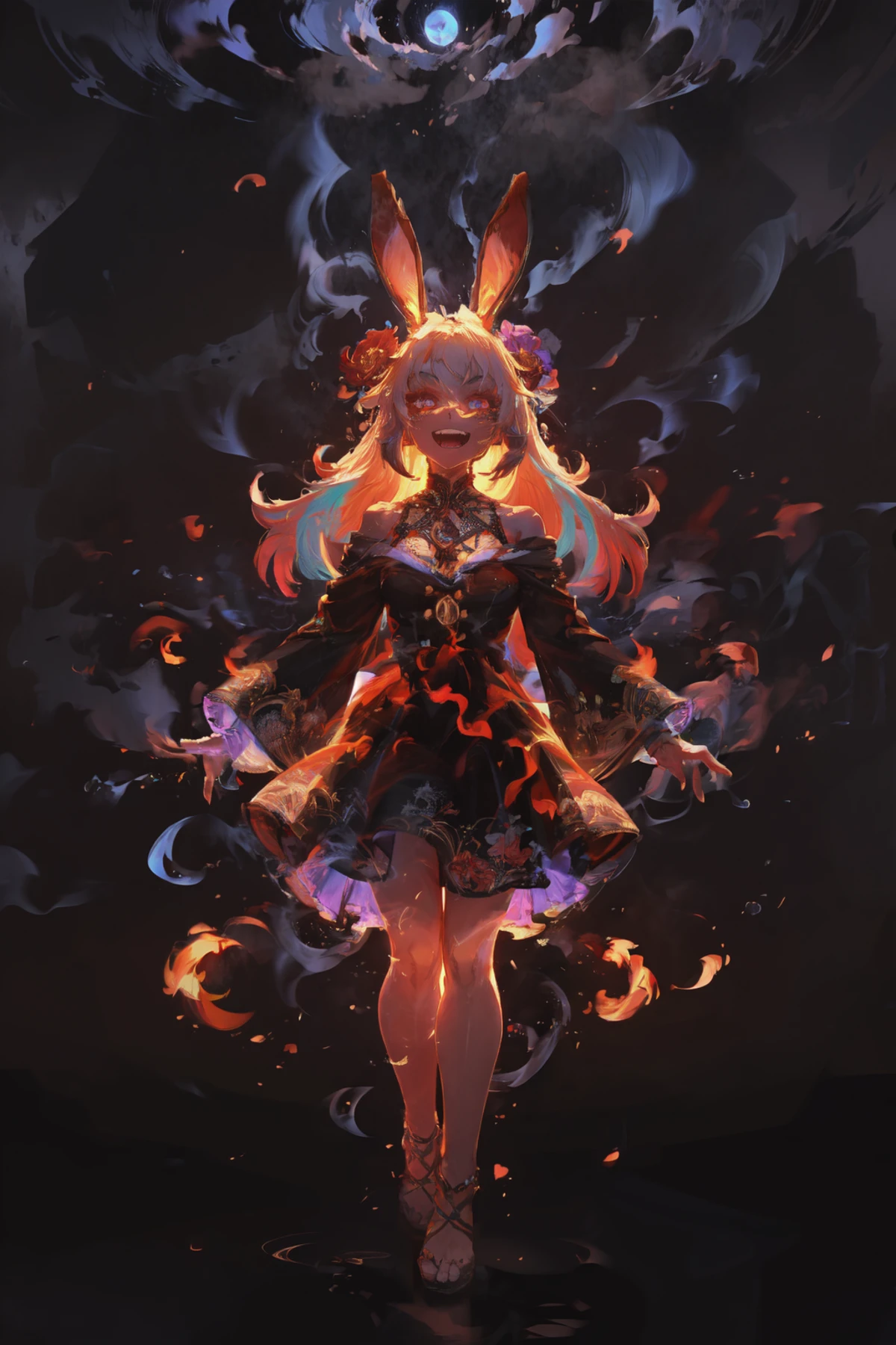 Glowing neon, 1girl, highly detailed face, (mystical bioluminescent flowers:1.1), mid shot, full body, rabbit ears, an excited expression, joy, (dark background:1.1), (darkness:1.1), a beautiful vortex of energy swirling around her, vibrant colors, finding beauty in the darkness, superb, 8k wallpaper, extremely detailed, intricate BREAK firecd, fire, flame, burning, smoke <lora:firecd:0.8>