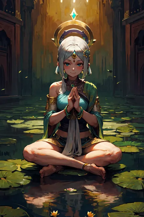 best quality, daytime, (vibrant colors:1.1), (silver:1.1), indian style, cross legged, mudra [meditation] BREAK 1girl, solo, folo focus, smile, blush, looking at viewer, silver hair ornament, (halo:1.2), lotus, lotus flower base, lotus pedestal, reflection