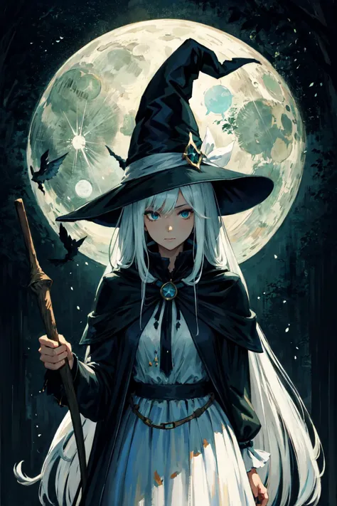 1girl,(Tattered clothes:1.1),long white hair, (white stockings:1.1),white large witch hat,witch costume, Ride broomstick, fantasy,(light:1.3),dark theme,magic,moon,upper body,