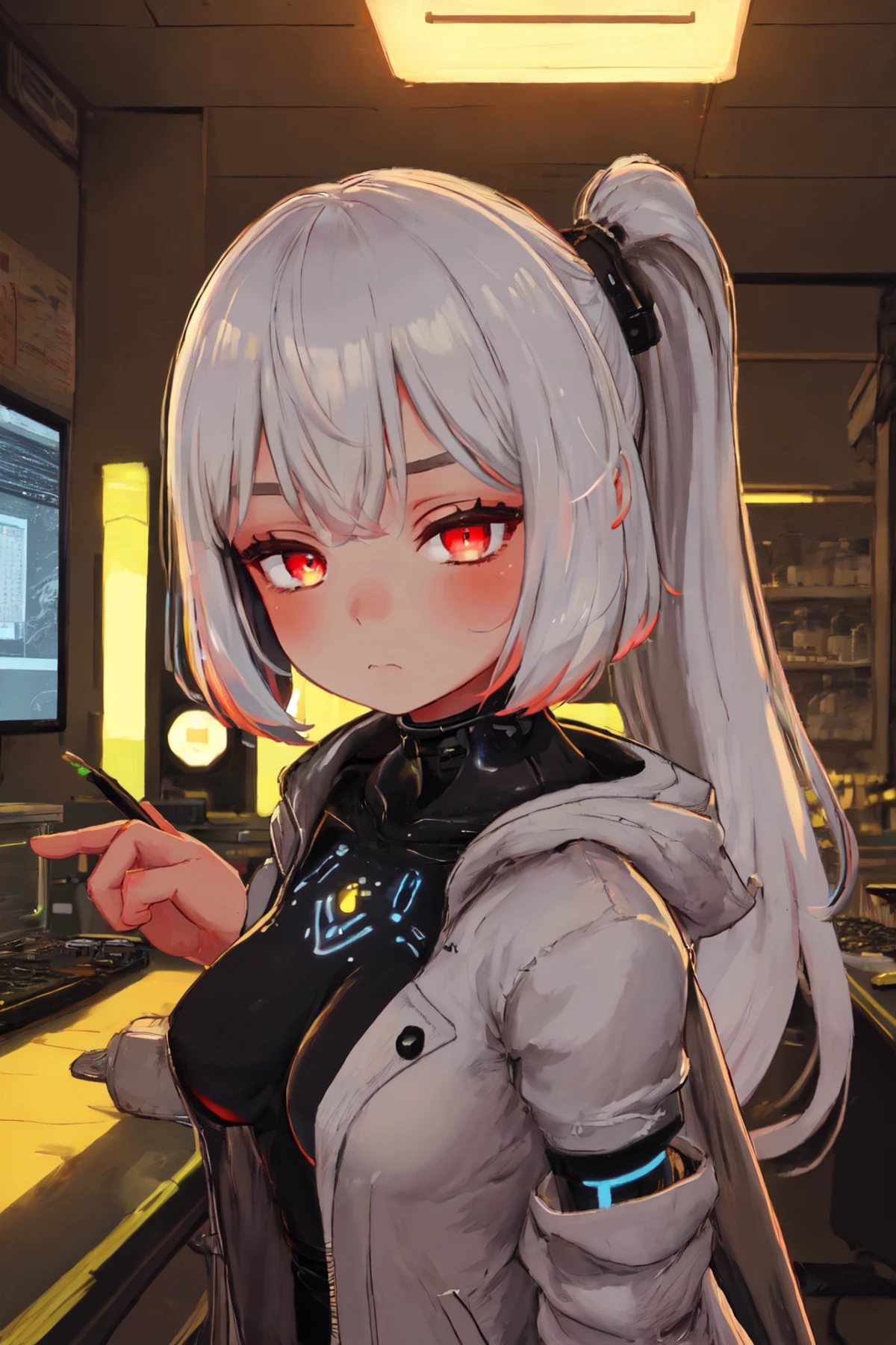 Original Character, Volumetric Lighting, Best Shadows, Shallow Depth of Field, Portrait Of Stunningly Beautiful Girl, Petite, Delicate Beautiful Attractive Face With Alluring Sharp Red Eyes, Sharp Eyebrows, Lost In Thought, Expressionless, Closed Mouth, Lovely Small Breasts, Layered Long Ponytail White Hair, Blush Eyeshadow, Thick Eyelashes, White Research Coat, In The Biopunk Laboratory, Standing Front of Computer Monitors, Standing, Flickering Light Bulb, Chemistry Equipment, Culture Tank, Electrical Wires, (Highest Quality, Amazing Details:1.25), (Solo:1.3), Brilliant Colorful Paintings <lora:Style - VRChat:1>