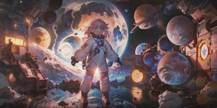 masterpiece,best quality,1girl,solo,pink hair,blue eyes,white spacesuit,gloves,spread arms,astronaut,floating,full body,smile,star \(symbol\),outer space,starry,(wide shot),