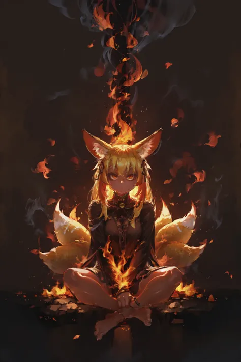 detailed background, superb, multicolored, 1girl, (fennec ears:1.2), (multiple tails:1.2), long fluffy tails, absurdly long hair, darkness, vibrant colors, dark background, beautiful 8k wallpaper, sitting, BREAK firecd, fire, flame, burning <lora:firecd:0.8>