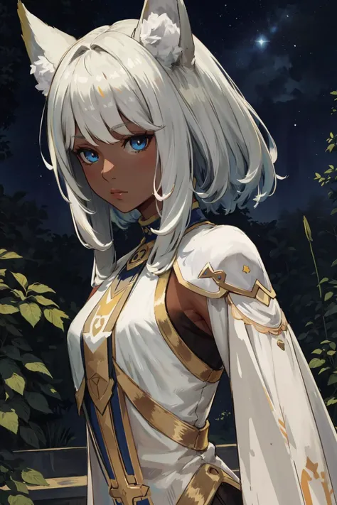 extreme quality, cg, detailed face+eyes, (bright colors:0.9), (light pastel colors:1.4), photo of a curious girl, (ancient), (tan skin), fashion, light dust, patio, (depth of field:0.76), (fog), medium hair, long hair, white hair, masterpiece, 8k, tone mapping, hyper focus, white, blue eyes, (upper body:0.8), natural body, limited palette, (detailed hair:1.13), dynamic angle, (pastel drawing:0.7), (black outlines), (pastel background), soft lighting, (fox girl), solo, clarity, (by Antonio Maria Panni:1.6), (raised eyebrows:0.8), hero attire, (plants, modern:1.2), colorful, bold, vivid, (creative), (starry sky), (random:1.4)