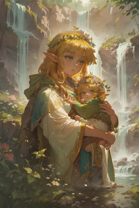 masterpiece, best quality,
a detailed ilustration of a female elf druid with a cloak made with grass and flowers, with a baby in arms, short golden hair with a flower crown, bright green eyes, masterpiece, fantasy, delicate, iridescent, waterfall background, 4k, watercolors,intricate details, perfect skin