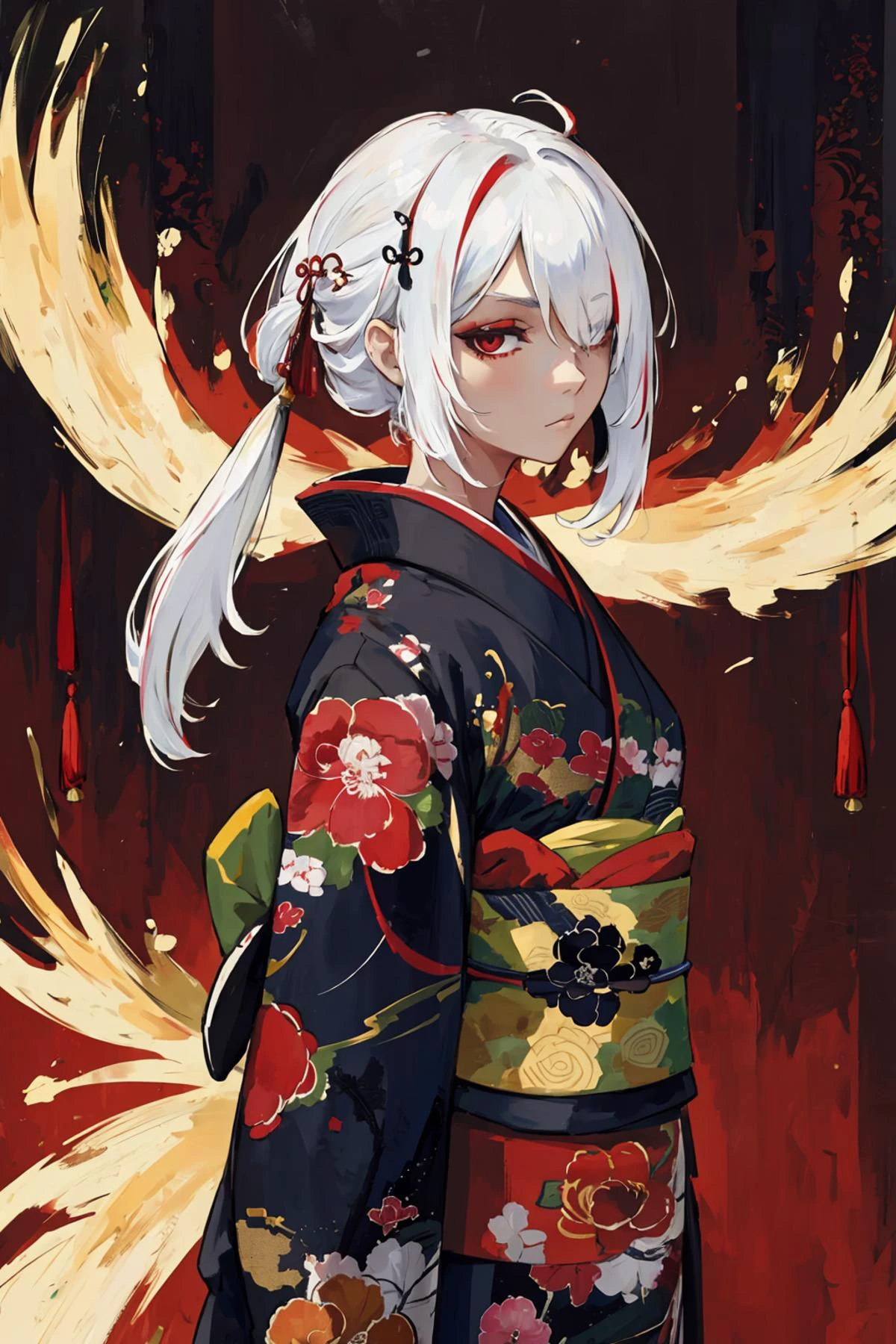 (masterpiece:1.1), (highest quality:1.1), (HDR:1.0), (illustration), looking at viewer,colorful,from side,((chinese colorful ink)),flat color,(phoenix:1.5,bird:1.3),sunset, standing on a building, (1girl:1.2),detailed long white hair + red eyes,detailed face,full body, (white hair:1.4), (mole under eye:0.7), squinting,eyeshadow, hair ornament, small breasts,((kimono)), cold face,long floating hair,,hair over one eye\\, (portrait),((ink splashing)),((chinese colorful ink)), ((Chinese color ink painting style)) upper body,(white hair +red eyes),(cute face:0.75),(detailed beautiful face:0.75),colorful painting, (Floating),(Amazing),(Absurd),((sharp focus)), ((extremely detailed)), ((high saturation)),((surrounded by color ink splashes)),((extremely detailed body)),((colorful))