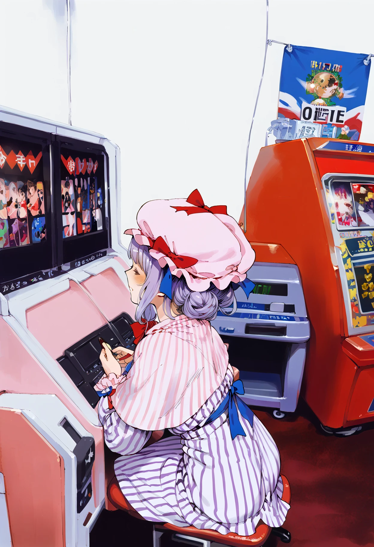 score_9, score_8_up, score_7_up, from_anime, angry playing casino machine ,patchouli knowledge,1girl, solo, simple_background, white_background, crescent_hat_ornament, mob_cap, long_sleeves, red_ribbon, vertical-striped_dress, blue_bow, double_bun, red_bow, hat_ribbon, capelet, blue_ribbon, pink_headwear,purple hair,,playing on arcade machine, sitting in arcade,video game,  <lora:Illustrations for children [376709]:0.8> <lora:Game Center [398348]:0.8> game_center, scenery, japan, arcade cabinet, scenery, chair, indoors, poster (object),