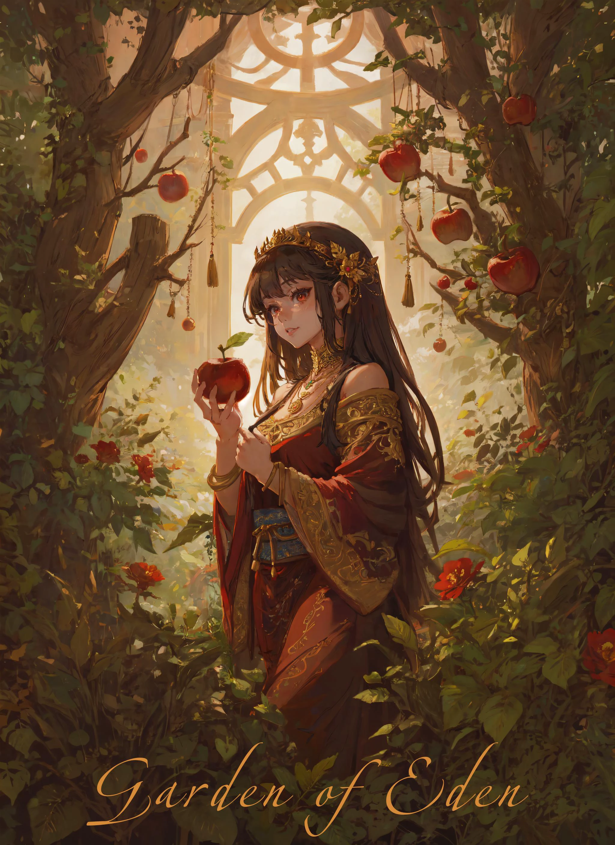 masterpiece, best quality, 1girl, elegant, tarot, red apple, tree, garden, symbolism, decorative, ornate, sinful, detailed,