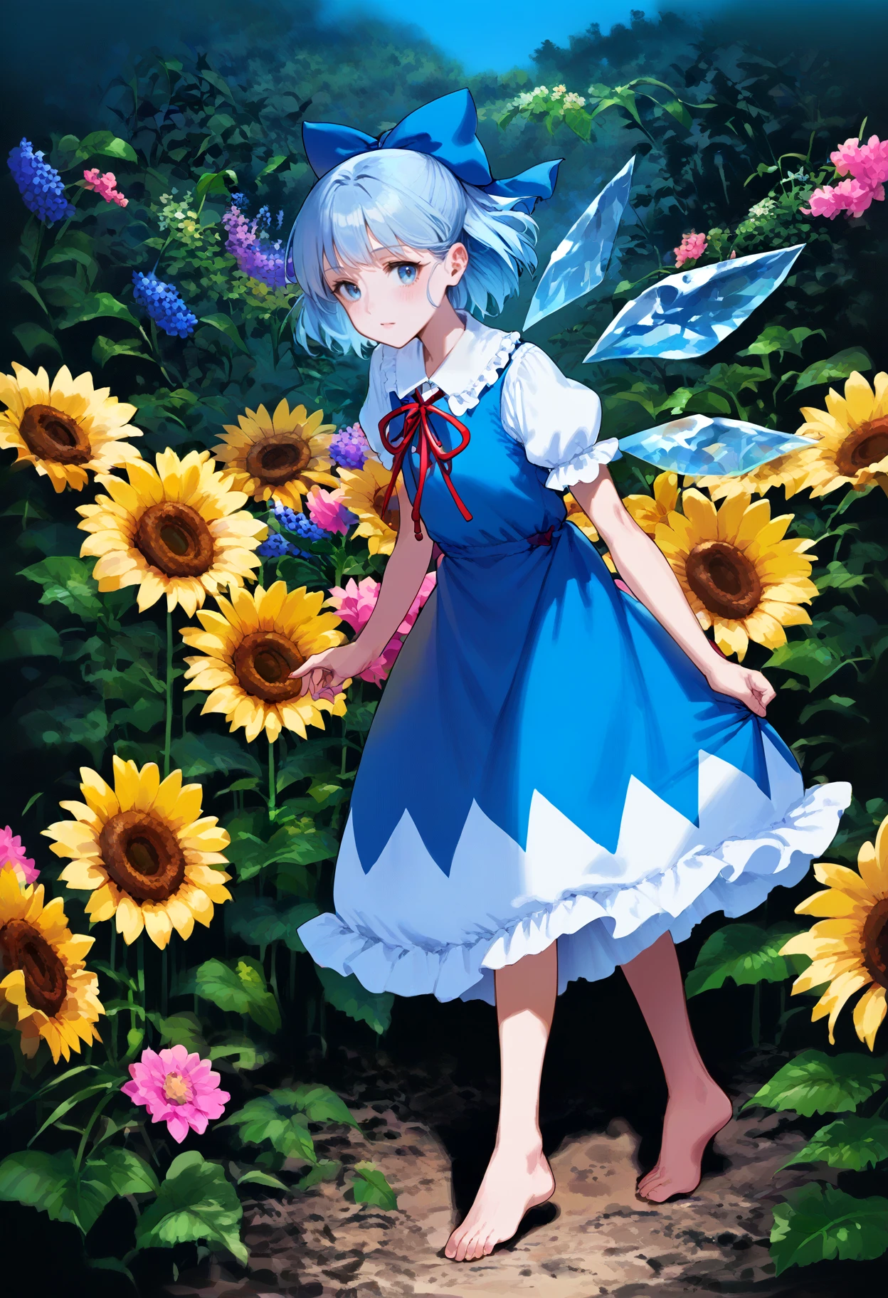 score_9, score_8_up, score_7_up, source_anime, 1girl, ,tanned_cirno, 1girl, touhou, blue_bow, hair_bow, ice_wings, blue_dress, sunflower, vines, puffy_short_sleeves, barefoot, morning_glory, red_ribbon, pink_flower  <lora:Touhou [413006]:0.8>