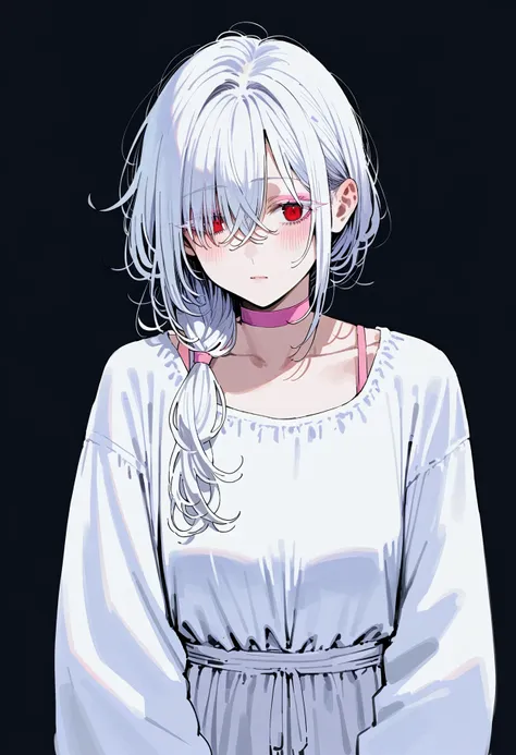 score_9, score_8_up, score_7_up, from_anime, 1girl, upper body, white hair, albino, makeup, blush, eyeshadow, pink choker, colored eyelashes, hair between eyes, hair over eyes, sidelocks, low tied hair, hair over shoulder, long hair, messy hair, long sleeves, pale skin, red eyes, detailed eyes, white sundress, simple background, black background, sleeves past wrists, sleeves past fingers, white theme