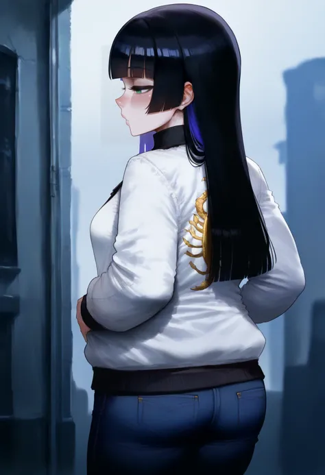 score_9, score_8_up, score_7_up, from_anime,  1girl, pa-san, black hair, purple colored inner hair, blunt bangs, half-closed eyes, hime cut, large breasts, long hair, green eyes,  <lora:(Drive 2011) Scorpion Jacket [363432]:0.8> print jacket, white jacket, from behind, jeans <lora:Bocchi the Rock_v2 [328779]:0.8> <lora:RatMix_v1:0.8>
