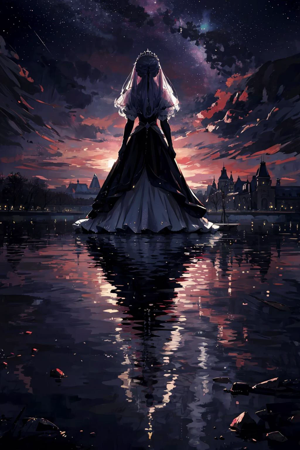 highest quality, 8k, UHD, extreme resolution, 1girl, french braid, silver tiara, diamonds, long hair, floating hair, (masterpiece:1.1), (highest quality:1.1), (HDR:1.0), scenic, water, dark environments, magenta theme, water, reflection, prism