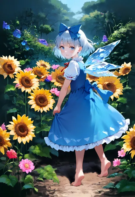 score_9, score_8_up, score_7_up, source_anime, 1girl, cirno, 1girl, blue bow, hair bow, ice wings, blue dress, sunflower, vines, puffy short sleeves, barefoot, morning glory, red ribbon, pink flower  <lora:Touhou [413006]:0.8>