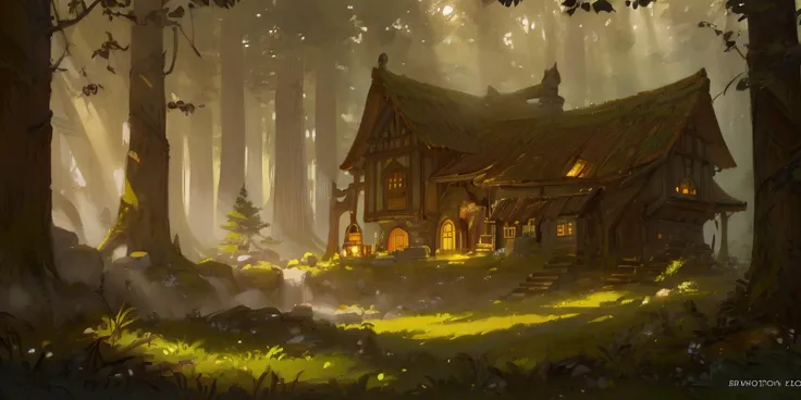 (masterpiece:1.2), (best quality,:1.2), Elven house in the forest, forest elves architecture, drapplet sunlight, perfect light, dappled sunlight, realistic shadows, shade, wide view, Illustration, ultra detailed, cinematic lighting, ambient lighting, fantasy, background, <lora:FantasyLandscape-10:0.7>, epiCPhoto