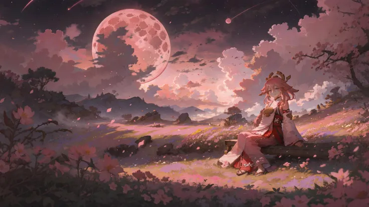 landscape, flower field, pink light, fog, depth of field,  bloom, pink moon, clouds, stars, pink ambient light, wind, yae miko, looking at the evening sun, gentle smile, happy, sitting on flowers,  <lora:yae_miko_offset_9_6:0.5>, pink flowers,