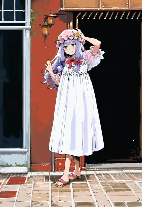 score_9, score_8_up, score_7_up, from_anime, 1girl,purple hair,purple eyes,long hair,mob cap,crescent hat ornament,ribbon,dress,patchouli knowledge,waving goodbye,walking away,head turn,:P,sandals,toes,feet,  <lora:Illustrations for children [376709]:0.8>