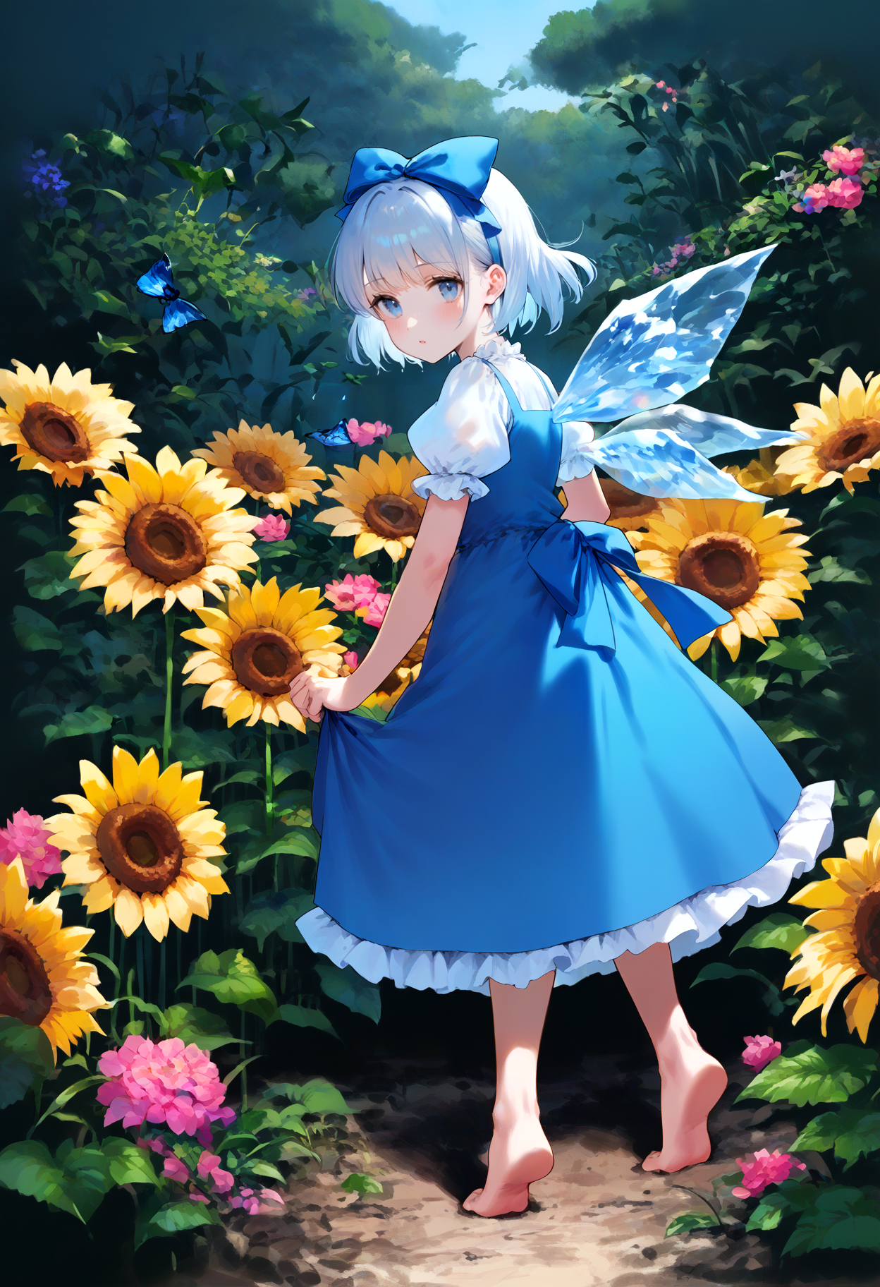 A painting of a girl in a blue dress standing in a field of sunflowers ...