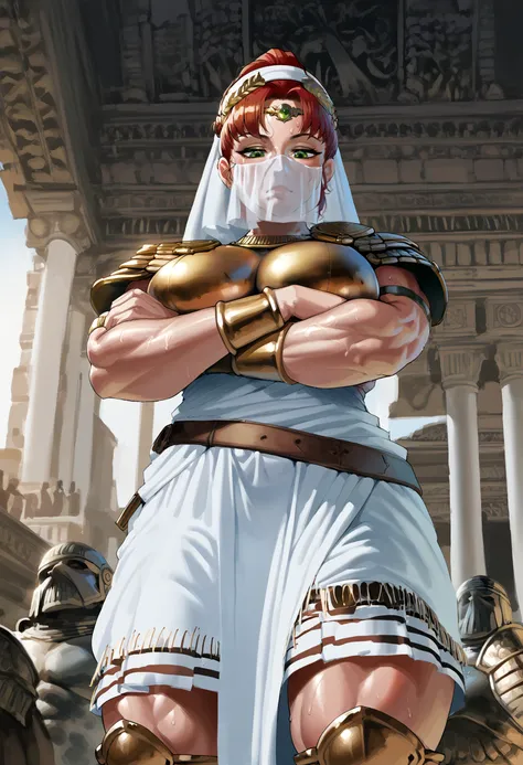 score_9, score_8_up, score_7_up, from_anime, 1girl, ancient greek clothes, full armor, bronze armor, (muscle cuirass, breastplate), hoplite, shoulder armor, greaves, greek armor, tattoo, mouth veil, skirt, toned, sweat, naughty face, amazon warrior, red hair, green eyes, circlet, headdress, neck armor, greek temple, (covered abs:1.1), ponytail, large breasts, <lora:Female Muscle Cuirass [398072]:0.6>  crossed arms, arms under breasts, looking down, from below,