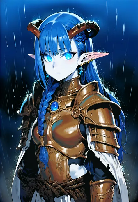 score_9, score_8_up, score_7_up,  <lora:Asanagi [306563]:0.8> 1girl,solo,long hair,looking at viewer,blue eyes,jewelry,closed mouth,blue hair,braid,earrings,horns,pointy ears,armor,glowing,colored skin,elf,shoulder armor,glowing eyes,rain,pauldrons,blue theme,blue skin