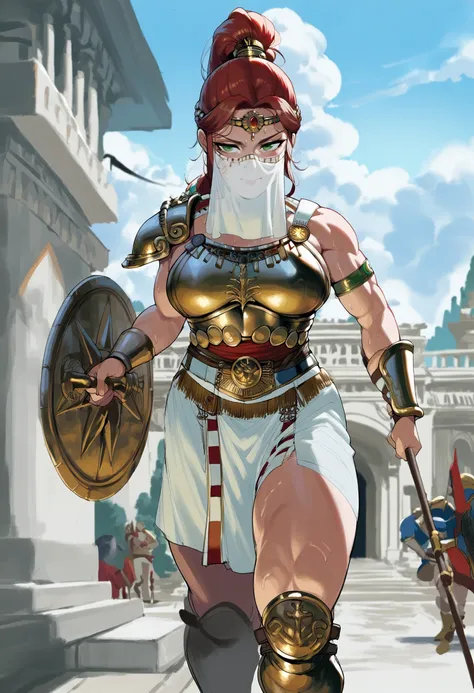 score_9, score_8_up, score_7_up, from_anime, 1girl, ancient greek clothes, full armor, bronze armor, (muscle cuirass, breastplate), hoplite, shoulder armor, greaves, greek armor, tattoo, mouth veil, skirt, toned, sweat, naughty face, amazon warrior, red hair, green eyes, circlet, headdress, neck armor, temple, (covered abs:1.1), ponytail, large breasts, <lora:Female Muscle Cuirass [398072]:0.6> holding spear,  wearing shield,