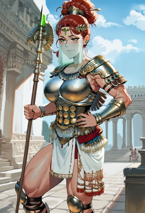 score_9, score_8_up, score_7_up, from_anime, 1girl, ancient greek clothes, full armor, bronze armor, (muscle cuirass, breastplate), hoplite, shoulder armor, greaves, greek armor, tattoo, mouth veil, skirt, toned, sweat, naughty face, amazon warrior, red hair, green eyes, circlet, headdress, neck armor, temple, (covered abs:1.1), ponytail, large breasts, <lora:Female Muscle Cuirass [398072]:0.6> holding spear,  aspis,