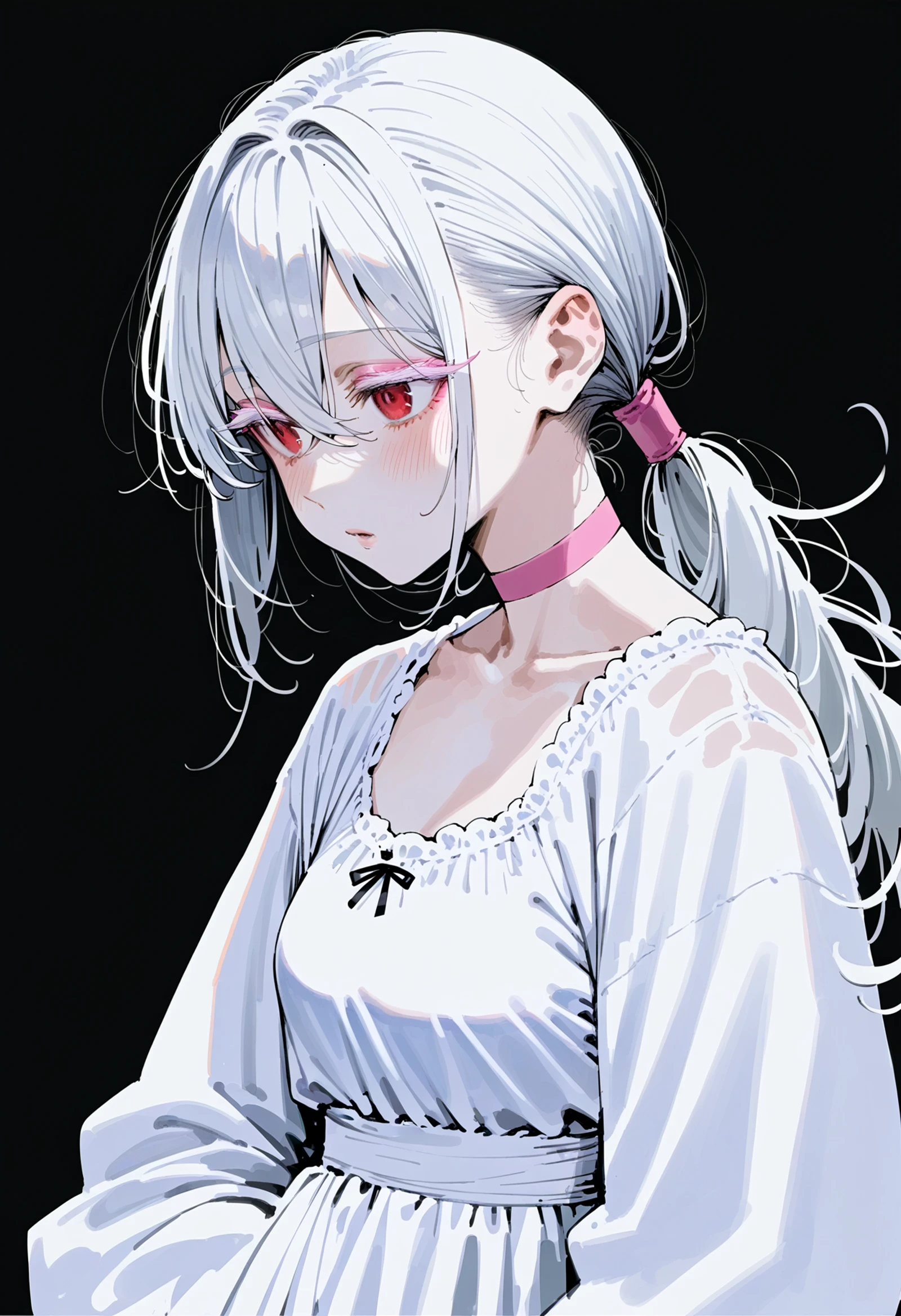 score_9, score_8_up, score_7_up, 1girl, upper body, white hair, albino, makeup, blush, eyeshadow, pink choker, colored eyelashes, hair between eyes, hair over eyes, sidelocks, low tied hair, hair over shoulder, long hair, messy hair, long sleeves, pale skin, red eyes, detailed eyes, white sundress, simple background, black background, sleeves past wrists, sleeves past fingers, white theme
