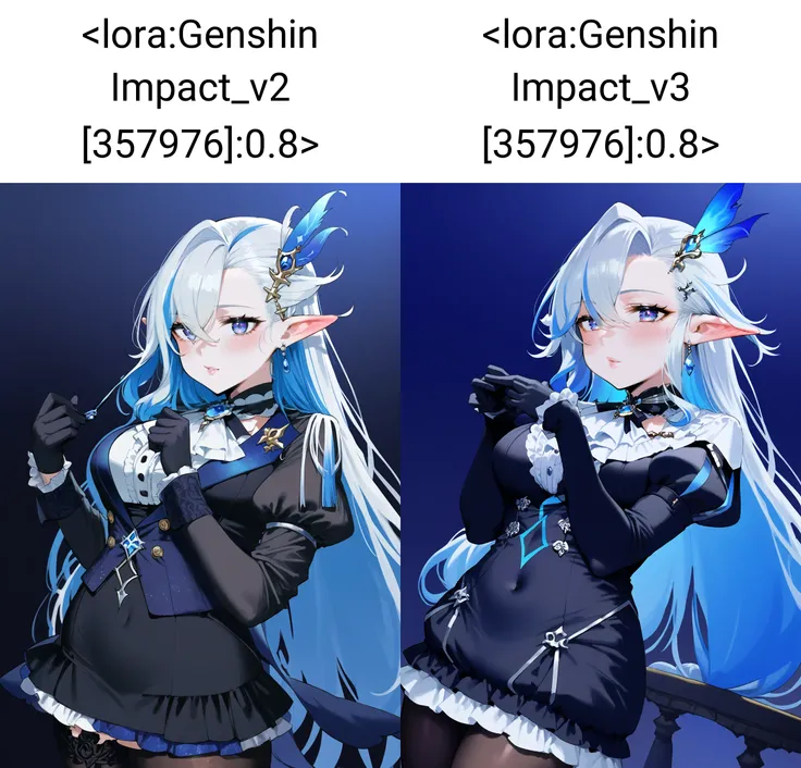 score_9, score_8_up, score_7_up, from_anime,    1girl, neuvillette \(genshin impact\), ascot, black gloves, blue eyes, blue hair, blush, breasts, closed mouth, frilled thighhighs, frills, genderswap, genderswap \(mtf\), gloves, hair between eyes, hair ornament, large breasts, long hair, long sleeves, looking at viewer, multicolored hair, navel, pointy ears, puffy sleeves, see-through, see-through sleeves, solo, streaked hair, thighhighs, thighs, very long hair, white ascot, white hair <lora:Genshin Impact_v2 [357976]:0.8>