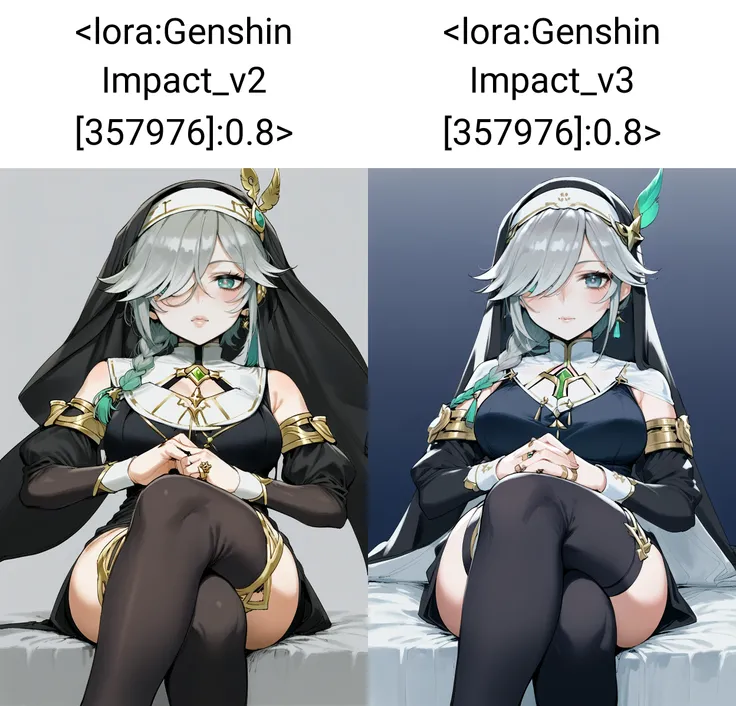 score_9, score_8_up, score_7_up, from_anime,  1girl, alhaitham \(genshin impact\), black dress, black headwear, black thighhighs, breasts, crossed legs, detached sleeves, dress, genderswap, genderswap \(mtf\), grey hair, habit, hair over one eye, hat, holding, jewelry, large breasts, long hair, looking at viewer, nun, ring, simple background, sitting, solo, thighhighs, white background  <lora:Genshin Impact_v2 [357976]:0.8>