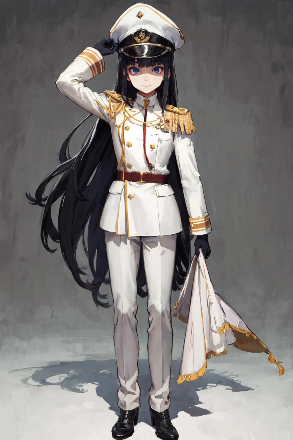 absurdres , highres, ultra detailed, (yo 1girl:1.4), BREAK, small breasts, black hair, very long hair, (straight hair:1.4), blunt bangs, pale skin, hime cut, BREAK, white clothes, military uniform, military hat, epaulettes, aiguillette, black high heel boots, BREAK, full body, standing, happy,