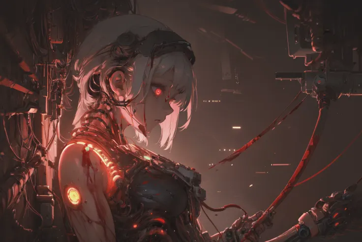 (masterpiece, top quality, best quality, official art, beautiful and aesthetic:1.2), 1girl, glowing eyes, facing camera, neon details, mechanical limbs,blood vessels connected to tubes,mechanical cervical attaching to neck,wires and cables connecting to head,blood,from side