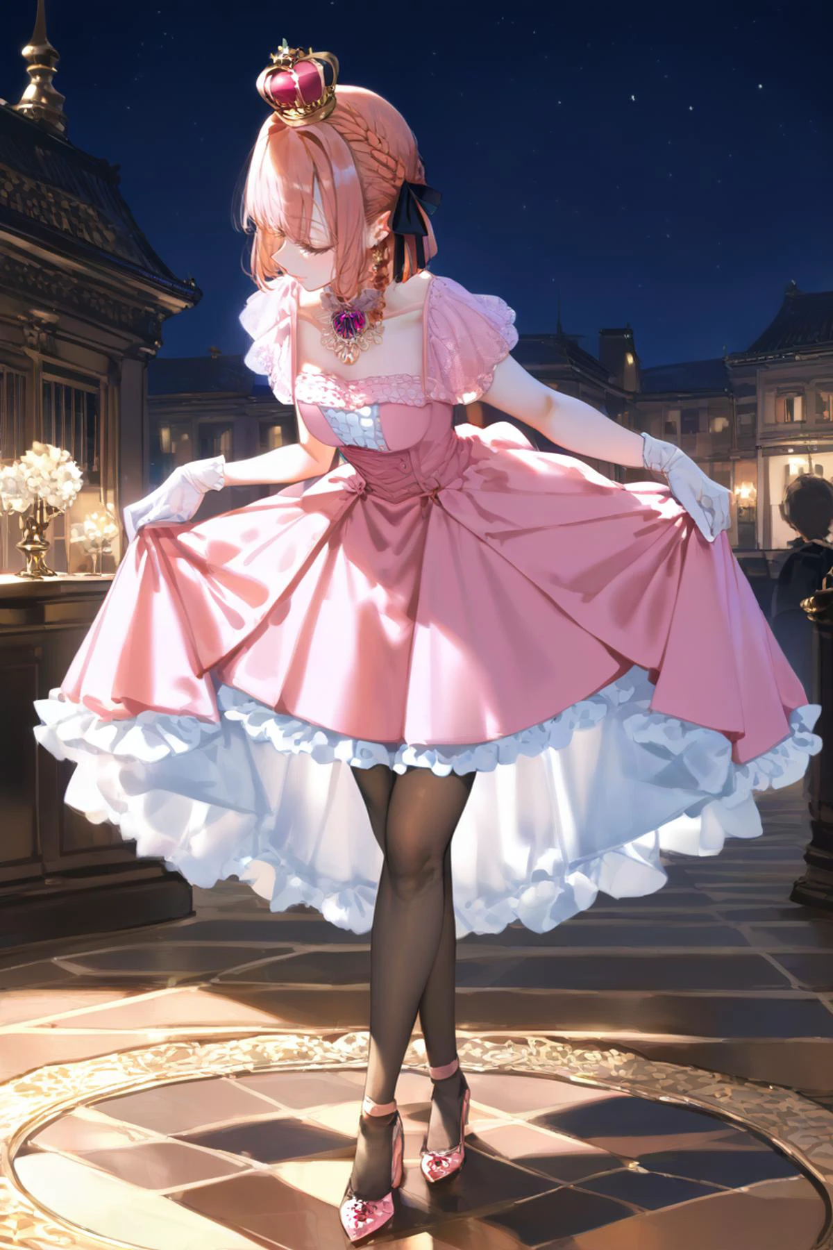 score_9, score_8_up, score_7_up, masterpiece, best quality, 1girl, solo, luxurious hall, night, ballroom,
<lora:ChamHarukaNanamiPonyXL:0.8> HarukaNanami, short hair, pink dress, embroidery, jewelery, frills, gloves, pantyhose, small crown,
<lora:hair ribbon braid_XL_V1.0:0.8> hair ribbon braid,hair ribbon, braid,
<lora:skirt_hold_bowing_d16:0.8> skirt hold bowing, crossed legs, leaning forward,