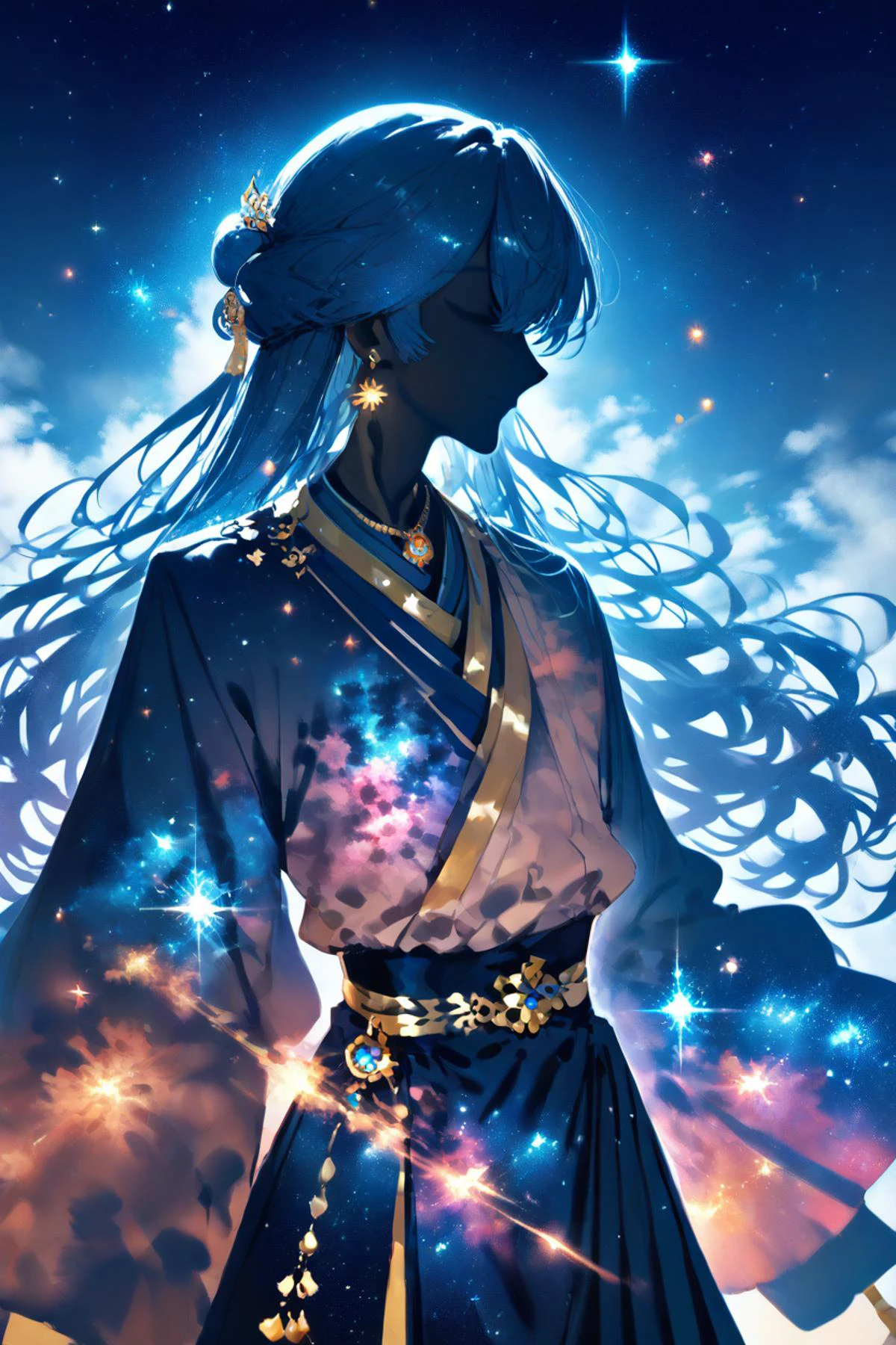 score_9, score_8_up, score_7_up, masterpiece, best quality, 1boy, solo, <lora:wrnchexpwhimsicalvisions:0.8> wrnchexpwhimsicalvisions, silhouette, double exposure, galaxy, <lora:ShenTafeiPony_V2:1> shentafei, hanfu, long hair, jewelry, earnings
