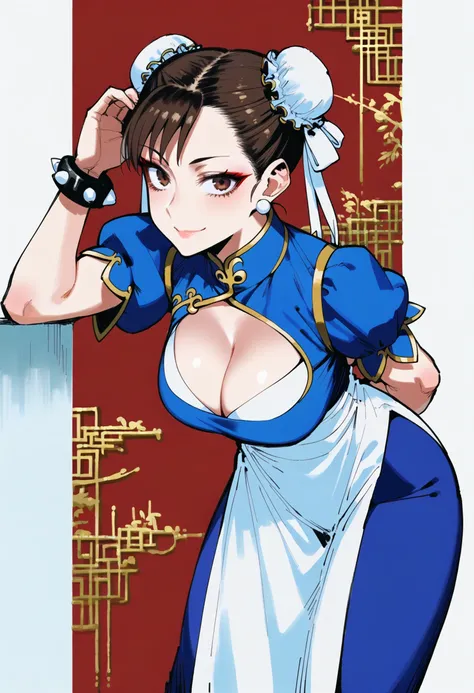 score_9, score_8_up, score_7_up, source_anime, 1girl, chun-li, street fighter, arm behind back, blue dress, blue pants, bracelet, breasts, brown eyes, brown hair, china dress, chinese clothes, cleavage, cleavage cutout, clothing cutout, collared dress, double bun, dress, gold trim, hair bun, hair ribbon, jewelry, leaning forward, looking at viewer, pants, ribbon, short sleeves, side slit, smile, solo, standing, two-tone dress, white dress, <lora:Artist - J.K. .3 WD - IPG - ND v27 doubled all:0.5> <lora:Artist - krekkov .3 WD - IPG - ND v27 doubled all:0.5>