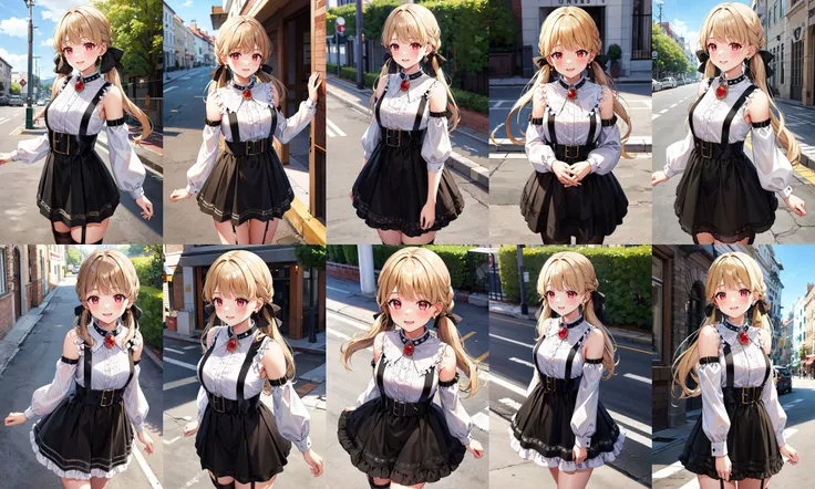 masterpiece, best quality, highres, aatoto, long hair, low twintails, hair ribbon, black ribbon, earrings, brooch, bare shoulders, frills, white shirt, detached sleeves, suspenders, black skirt, <lora:kogara_toto_1:0.7>, standing, cowboy shot, outdoors, smile, street,