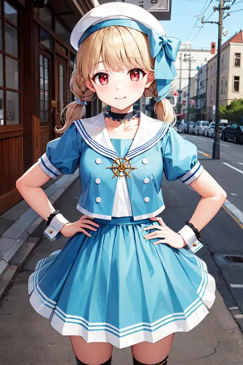 masterpiece, best quality, highres, aatoto, short twintails, braid, beret, white headwear, hat bow, choker, sailor collar, blue dress, short sleeves, wrist cuffs, <lora:kogara_toto_1:0.7>, standing, cowboy shot, street, hand on hip,