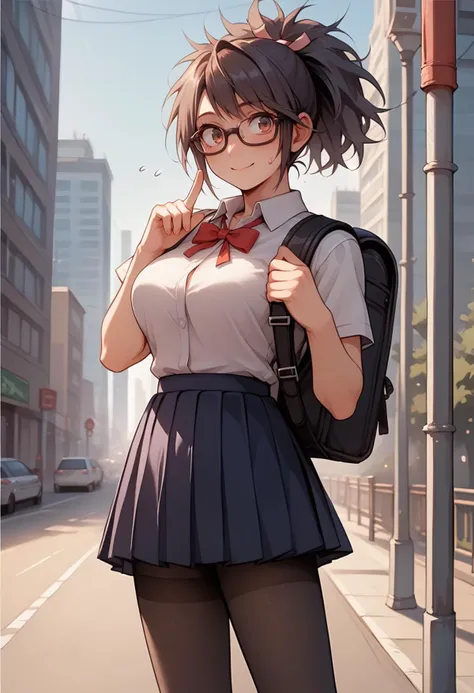 score_9, score_8_up, score_7_up, source_anime, BREAK 1girl, index finger raised, nervous smile, sweatdrop, <lora:SheenaToS-pdxl:1> defSheena, ponytail, hair ribbon, glasses, school uniform, large breasts, pleated skirt, pantyhose, backpack, outdoors, city, sky