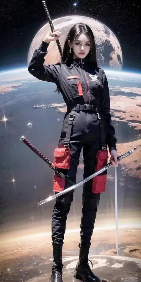 (RAW photo:1.2), (far shot), (photorealistic:1.4), (masterpiece:1.3), (intricate details:1.2), realistic, delicate, beautiful detailed, fullbody, (((hold a long katana))), wearing black techwear jacket and red trousers with buckle and tape, see-through jacket, Tight vest inside, (crystal necklace), (red braided bun), <lora:urbanSamuraiClothing_urbansamuraiV03:0.8>, <lora:0t_v1:0.65>, <lora:fashionGirl_v50:0.35>, kpop idol, red lips, petite, narrow waist, (looking_at_viewer), (floating:1.2), dynamic pose, big circle earrings, long legs, (best quality:1.4), (ultra highres:1.2), cinema light, (extreme detailed illustration), ( 85mm, f/1.4, ISO 200, 1/160s:0.75), (in space, universe, Extraterrestrial, vast:1.5), ulzzang-6500-v1.1