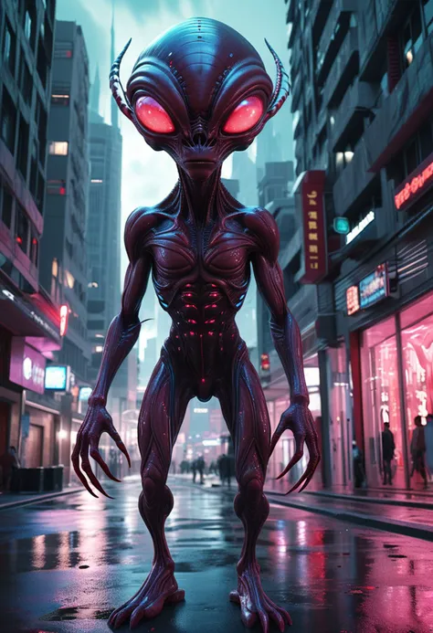 (medium full shot) of (mesmerizing alien) with deep crimson rubbery skin, bioluminescent patterns, gelatinous body, compound heterochromia eyes, bioluminescent antennae, insect-like legs, spines along back, set in a utopian futuristic city, with sleek architecture, clean streets, a sense of harmony, during an alien storm, ,Masterpiece,best quality, raw photo, realistic, very aesthetic