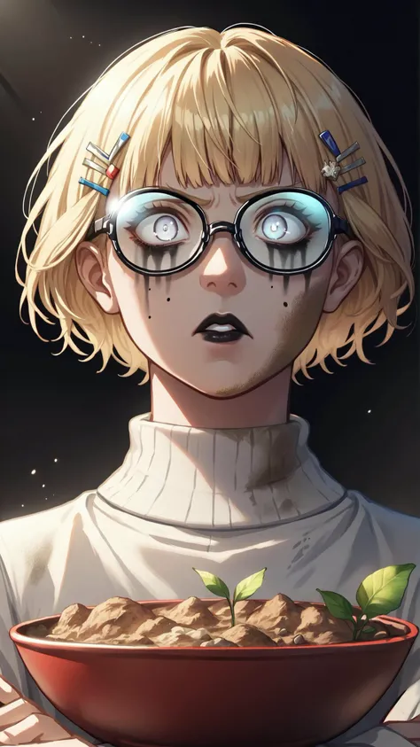<lora:ElementEarthPDXL:0.75>ElementEarth score_9, score_8_up, score_7_up, score_6_up, source_anime, Fashion photography, Pacific Islander, aged, man, Short hair, Bob hair, Bowl haircut with fade, Blonde hair, Hairpin, Upturned eyes shape, Albino eyes, virtual reality glasses, Small lips, Black lips, Rectangle face, Geometric makeup, Angry, Well-built body, S-shape pose, Crossing arms, Sporty dress, Broad lighting, Glare, Evening, Dawn, Classic black background, Forest background, Nikon D6, Extreme close-up, Diagonal angle, nature, dirt, (earth:0.4), (leaves:0.7)