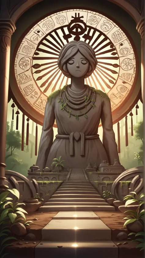 <lora:ElementEarthPDXL:0.5>ElementEarth score_9, score_8_up, score_7_up, score_6_up, source_anime, Digital painting of an ancient, crumbling temple with vines and moss growing on it, a bright, golden light shining through a crack in the ceiling, illuminating a dusty, old statue of a forgotten god, a mystical, glowing aura surrounding the statue, intricate, ancient carvings and symbols covering the temple walls, soft, warm, atmospheric lighting, a sense of mystery and awe, 4k resolution, high contrast, detailed, vibrant colors, artstation, concept art, illustration, wallpaper, promo art, dramatic lighting, nature, dirt, (earth:0.4), (leaves:0.7)