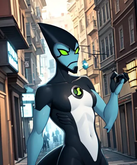 (masterpiece, best quality:1.2), extremely detailed, day ambient lighting, sharp focus, 8K, backlighting,1girl, (solo:1.2) mature female, upper body,full body,high resolution,correct anatomy,XLR8,blue skin,tail,humanoid,green eyes, (circle of the omnitrix logo in the cheast:1),omnitrix,omnitrix logo,street backgraund,standing in the middle of the street,black suit and white chest,<lora:xlr8-08:0.8> <lora:easynegative:1>