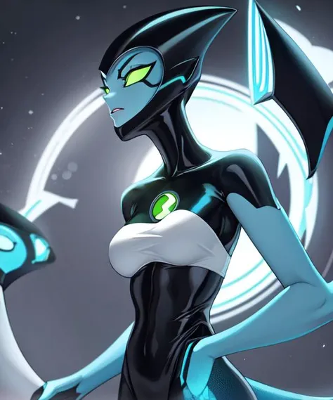 (masterpiece, best quality:1.2), extremely detailed, day ambient lighting, sharp focus, 8K, backlighting,1girl, (solo:1.2) mature female, upper body,full body,high resolution,correct anatomy,XLR8,blue skin,tail,humanoid,green eyes, (circle of the omnitrix logo in the cheast:1),omnitrix,omnitrix logo,<lora:xlr8-08:0.8> <lora:easynegative:1>