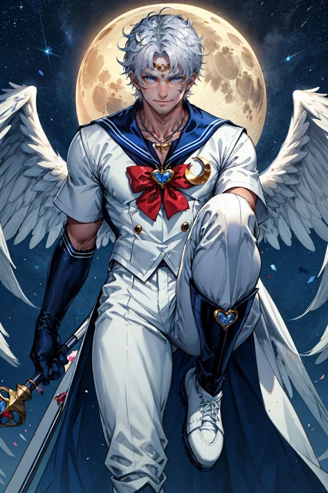1boy, Alternative Sailor Moon, manly, silver hair, blue eyes, crescent forehead mark, smirk, blue sailor collar, boots, brooch, necklace with ruby pendant, closed mouth, crescent ear piercings, white short hair, (hair ornament), heart brooch with (blue bowtie), holding staff, white suit, knee boots, dark blue sailor pants, looking at viewer, magical boy, multicolored clothes,
parted bangs, male sailor senshi uniform, solo, white footwear, dark blue gloves, starry night sky background, shining moon, white wings,
(masterpiece), top quality, best quality, (absurdres), deep focus, intricate details, high quality, ultra high res, 8k, UHD, HD
(GS-Masculine:0.7) <lora:AltSailorMoon:0.5> <lora:polyH_menseyes:0.3> <lora:add_detail:0.5>