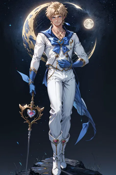 1boy, manly, blonde hair, blue eyes, circlet, smirk, blue sailor collar, boots, brooch, necklace with ruby pendant, closed mouth, crescent, crescent ear piercings, (silver short hair), hair ornament, heart brooch with (blue bowtie), holding, holding staff, white suit, knee boots, dark blue sailor pants, looking at viewer, magical boy, multicolored clothes,
parted bangs, male sailor senshi uniform, solo, staff, white footwear, dark blue gloves, starry night sky background, (shining moon:0.7),
(masterpiece), top quality, best quality, (absurdres), deep focus, intricate details, high quality, ultra high res, 8k, UHD, HD
(GS-Masculine:0.5) <lora:AltSailorMoon:0.5> <lora:polyH_menseyes:0.3> <lora:add_detail:0.5>