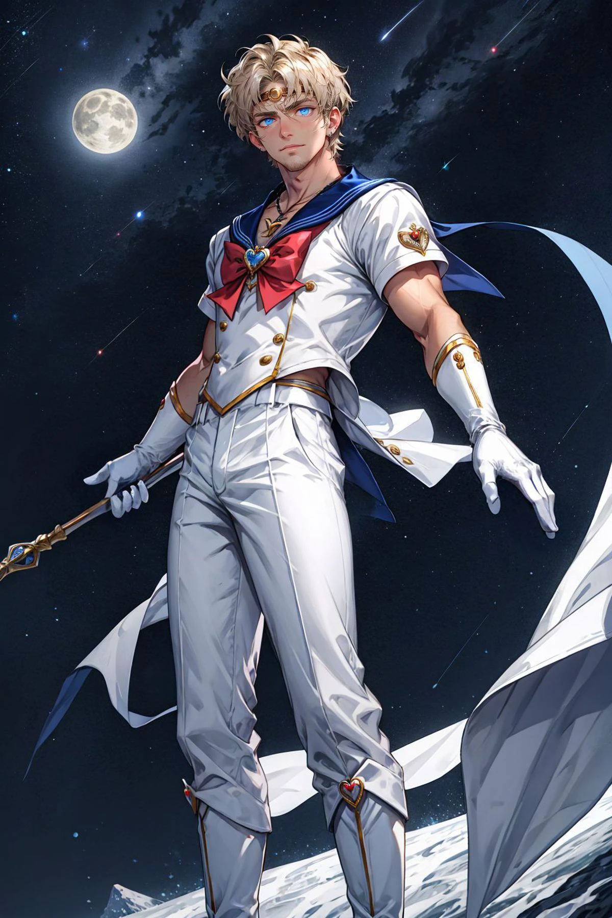 1boy, manly, blonde hair, blue eyes, circlet, blue sailor collar, boots, brooch, necklace with ruby pendant, closed mouth, crescent, crescent ear piercings, gloves, (silver short hair), hair ornament, heart brooch with bowtie, holding, holding staff, white suit, knee boots, sailor pants, looking at viewer, magical boy, multicolored clothes,
parted bangs, male sailor senshi uniform, solo, staff, white footwear, white gloves, starry night sky background, (shining moon:0.7),
(masterpiece), top quality, best quality, (absurdres), deep focus, intricate details, high quality, ultra high res, 8k, UHD, HD
(GS-Masculine:0.5) <lora:AltSailorMoon:0.5> <lora:polyH_menseyes:0.3> <lora:add_detail:0.5>