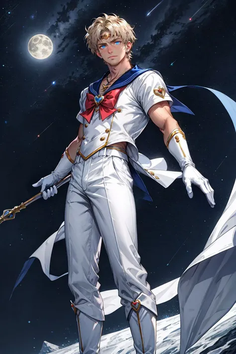 1boy, manly, blonde hair, blue eyes, circlet, blue sailor collar, boots, brooch, necklace with ruby pendant, closed mouth, crescent, crescent ear piercings, gloves, (silver short hair), hair ornament, heart brooch with bowtie, holding, holding staff, white suit,  knee boots, sailor pants, looking at viewer, magical boy, multicolored clothes,
parted bangs, male sailor senshi uniform, solo, staff, white footwear, white gloves, starry night sky background, (shining moon:0.7),
(masterpiece), top quality, best quality, (absurdres), deep focus,  intricate details, high quality, ultra high res, 8k, UHD, HD
(GS-Masculine:0.5) <lora:AltSailorMoon:0.5> <lora:polyH_menseyes:0.3> <lora:add_detail:0.5>