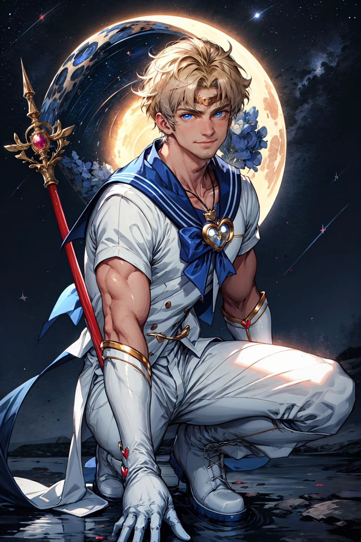 1boy, Alternative Sailor Moon, manly, blonde hair, blue eyes, circlet, smirk, blue sailor collar, boots, brooch, necklace with ruby pendant, closed mouth, crescent, crescent ear piercings, (silver short hair), hair ornament, heart brooch with (blue bowtie), holding staff, white suit, knee boots, dark blue sailor pants, looking at viewer, magical boy, multicolored clothes,
parted bangs, male sailor senshi uniform, solo, white footwear, dark blue gloves, starry night sky background, (shining moon:0.7),
(masterpiece), top quality, best quality, (absurdres), deep focus, intricate details, high quality, ultra high res, 8k, UHD, HD
(GS-Masculine:0.7) <lora:AltSailorMoon:0.5> <lora:polyH_menseyes:0.3> <lora:add_detail:0.5>