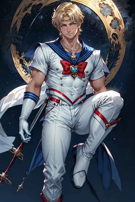 1boy, Alternative Sailor Moon, manly, blonde hair, blue eyes, circlet, smirk, blue sailor collar, boots, brooch, necklace with ruby pendant, closed mouth, crescent, crescent ear piercings,  (silver short hair), hair ornament, heart brooch with (blue bowtie), holding, holding staff, white suit, knee boots, (dark blue sailor pants), looking at viewer, magical boy, multicolored clothes,
parted bangs, male sailor senshi uniform, solo, staff, white footwear, (dark blue gloves), starry night sky background, (shining moon:0.7),
(masterpiece), top quality, best quality, (absurdres), deep focus,  intricate details, high quality, ultra high res, 8k, UHD, HD
(GS-Masculine:0.7) <lora:AltSailorMoon:0.5> <lora:polyH_menseyes:0.3> <lora:add_detail:0.5>