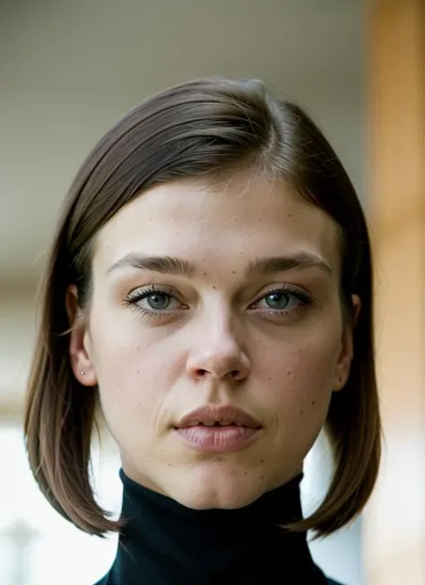 A stunning intricate color close up portrait of (sks woman:1) , wearing Turtleneck bodysuit and high-waisted trousers, epic character composition, sharp focus, natural lighting, subsurface scattering, f2, 35mm, film grain, , by William Eggleston, <lora:lora-small-adrianne-palicki-v1:1>